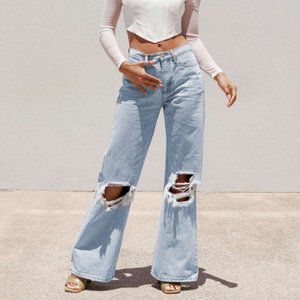 Princess Polly Maple Flare Jeans Knee Rips Light Wash Denim